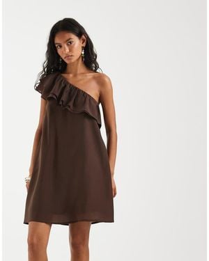 Pieces One Shoulder Frill Trim Mini Dress - Brown