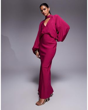 ASOS Vestito Lungo Accollato Color Lampone Con Maniche A Campana E Scollo Profondo - Rosa