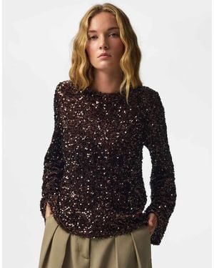 Pieces Kammy Sequin Relaxed Fit Crew Neck Long Sleeve Top - Black
