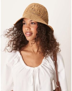 ASOS Straw Packable Floral Crochet Bucket Hat - Brown