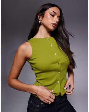 ASOS Top Senza Maniche Oliva A Coste Con Bottoni E Scollo Ampio - Verde