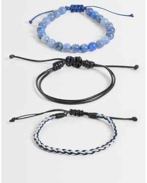 ASOS Pack De 3 Pulseras Trenzadas Con Cuentas Azules Y Cuero Sintético En