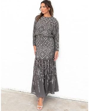 Maya Fully Embellished Long Sleeve Maxi Dress - Grey