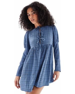 Wednesday's Girl Textured Tie-Detail Mini Smock Dress - Blue