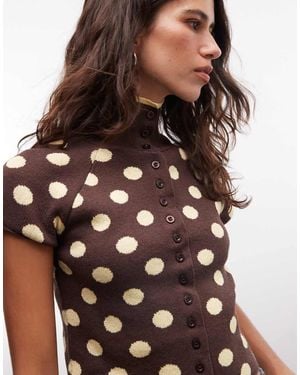 Reclaimed Vintage Button Through High Neck Compact Knitted Tank - Brown