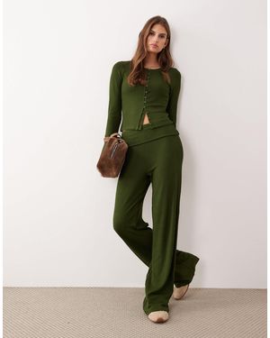 ASOS Co-ord Rib Fold Over Waist Trouser With Ruched Detail - Green