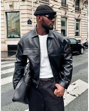 Bershka Boxy Faux Leather Jacket - Black