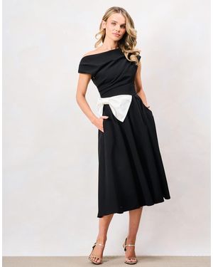 Hope & Ivy The Natalie Bardot Neck Skater Midi Dress With Bow Detailing - Black