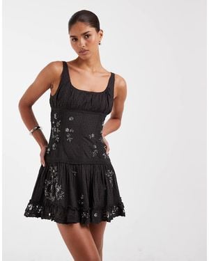 ASOS Scoop Neck Mini Dress With Sheer Lace Panels And Floral Embellishment - Black
