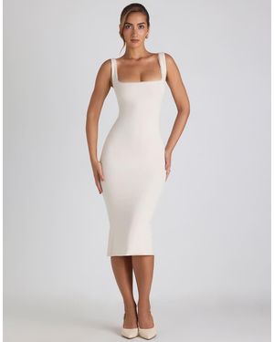 Oh Polly Vestido Midi Marfil Ajustado De Modal Con Escote Cuadrado, Espalda Ancha Y Ribete De Encaje-Negro - Blanco