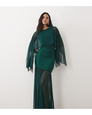 Kaiia Exclusieve Dubbel Gelaagde Slinky Jurk Met Verlaagde Taille, Luchtige Mesh Cape-Overlay, Doorschijnende Zoom En Maxi-Lengte - Groen