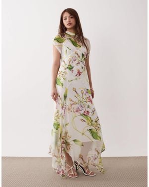 ASOS Asos Design Petite High Neck Hanky Hem Chiffon Maxi Dress - Natural