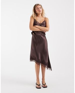 ONLY Asymmetric Satin Lace Midi Skirt - Brown