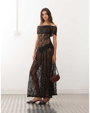 Lioness Field Of Dreams Foldover Bardot Ruched Drop Waist Sheer Lace Maxi Dress - White
