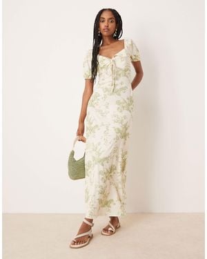 ASOS Robe mi-longue à imprimé fleuri vintage et col festonné avec surpiqûres et manches bouffantes - Neutre