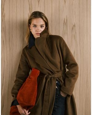 Mango Wool Mix Longline Tie Waist Coat - Brown
