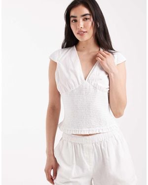 Daisy Street Boho V Neck Short Sleeve Shirred Top - White