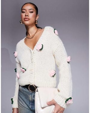 In The Style Knit Cardigan With Contrast Applique Flower Detail - Grey