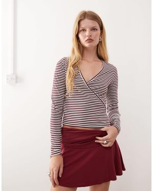 Collusion V Neck Long Sleeve Wrap Top-multi - Red