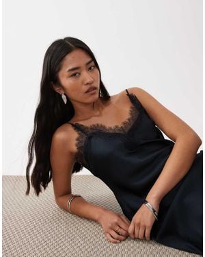 Mango Satin Cami Maxi Dress With Lace Trim - Blue