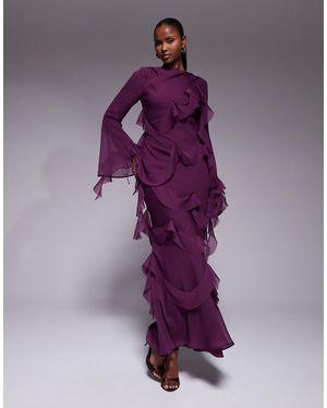 ASOS Vestido Largo De Manga Larga Con Volantes Drapeados Y Bordes Sin Rematar De - Morado