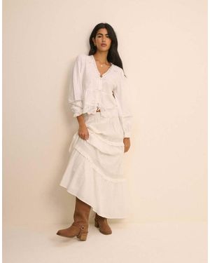 Nobody's Child Embroidered Tie Front Blouse - Natural