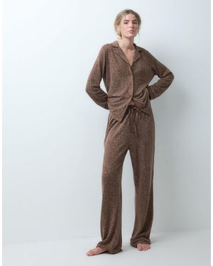 Loungeable Super Soft Brushed Rib Knit Camp Collar Top And Wide Leg Pants Pajama Set With Piping Details - Gray