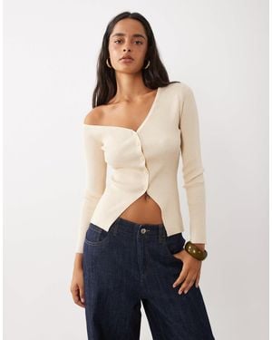 Kaiia Exclusive Ribbed Knit Off Shoulder Button Split Front Long Sleeve Top - Blue