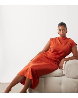 ASOS Asos Design Curve Satin High Neck Pleated Bodice Midi Dress - Red