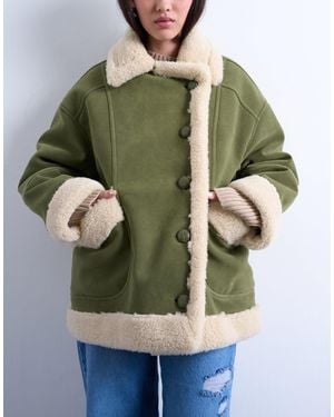 TOPSHOP Faux Suede Faux Shearling Oversized Car Coat - Green