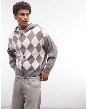 Collusion Arygle Knitted Hoodie - Grey