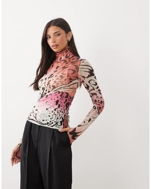 AFRM Top De Manga Larga Con Cuello Vuelto De Malla Y Estampado Abstracto - Rosa