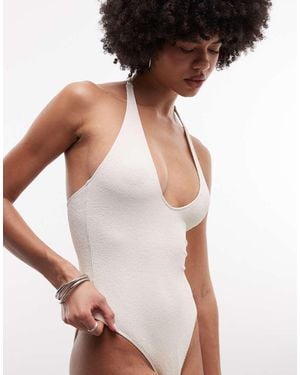 Monki Crinkle Plunge Swimsuit - Brown