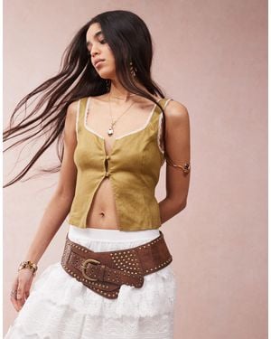 Vrg Grl Love Language Linen Button Front Top - Green