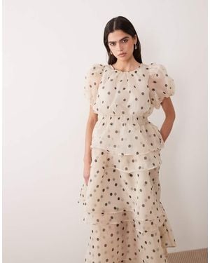 Vila Polka Dot Volume Sleeve Ruffle Midi Dress - Natural