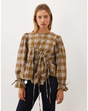 Ghospell Fern Round Neck Long Sleeve Ruched Asymmetric Drawstring Top - Brown