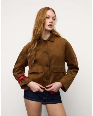 Stradivarius Faux Suede Jacket With Pockets - Brown