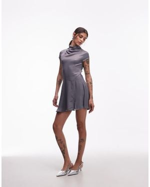 ASOS Vestido Corto Con Cuello Desbocado De Satén De -Negro - Gris