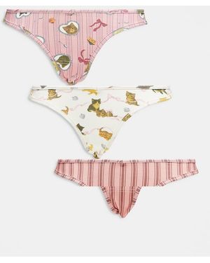 Daisy Street Pack De 3 Braguitas Rosas Con Estampado Gráfico De Gatos De - Blanco