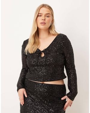 ASOS Asos Design Curve Allover Sequin Keyhole Long Sleeve Top - Black