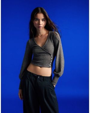 Bershka V-Neck Button Jumper - Blue