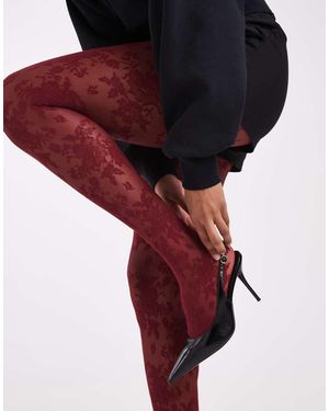 Lindex 40 Denier All Over Floral Lace Tights - Red