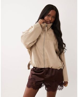 Gina Tricot Faux Suede High Neck Jacket - Natural