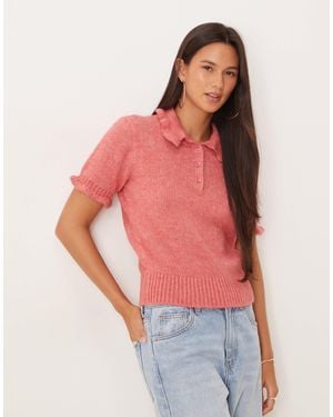 ASOS Frill Detail Nipped Waist Knitted Polo Top - Red