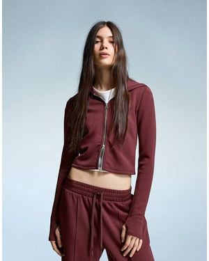 Bershka Zip Up Modal Blend Hoodie - Red