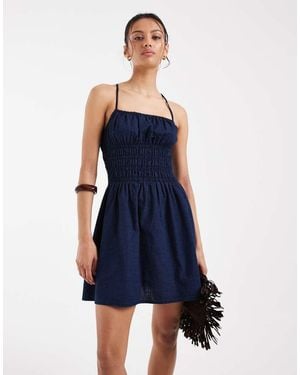ASOS Denim Shirred Mini Dress - Blue