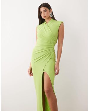 TFNC London Slinky Wrap Front Leg Split Open Back Maxi Dress - Green