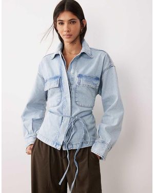 Gina Tricot Cinched Waist Tie Front Denim Shirt - Blue