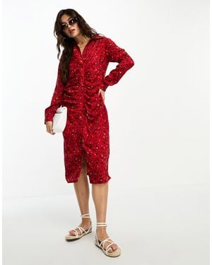 Goddiva Ruched Front Midi Dress - Red