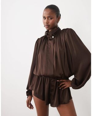 Noughts & Kisses Satin High Neck Extreme Drape Balloon Sleeve Playsuit - Brown